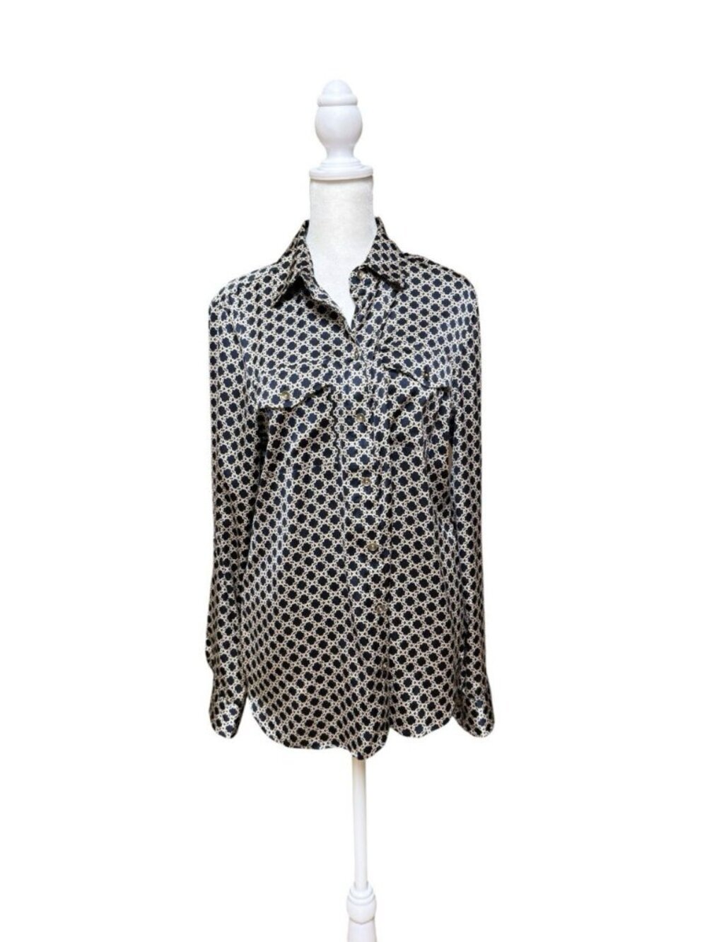 Jones New York Signature Stretch Geometric Button Front Blouse M